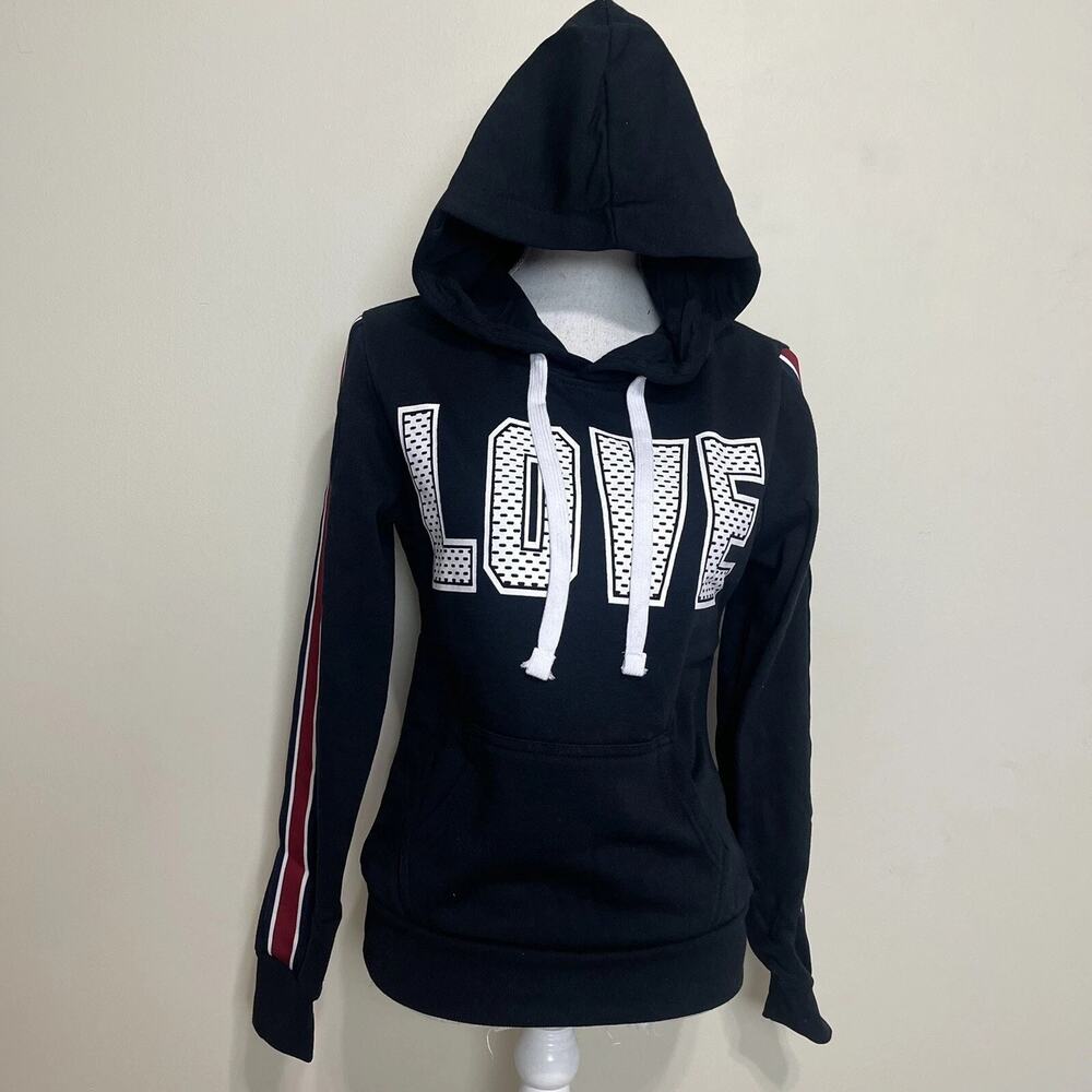 Womens Reflex Black Hoodie with Print “Love” Long‎ Stripes Long Sleeves Small